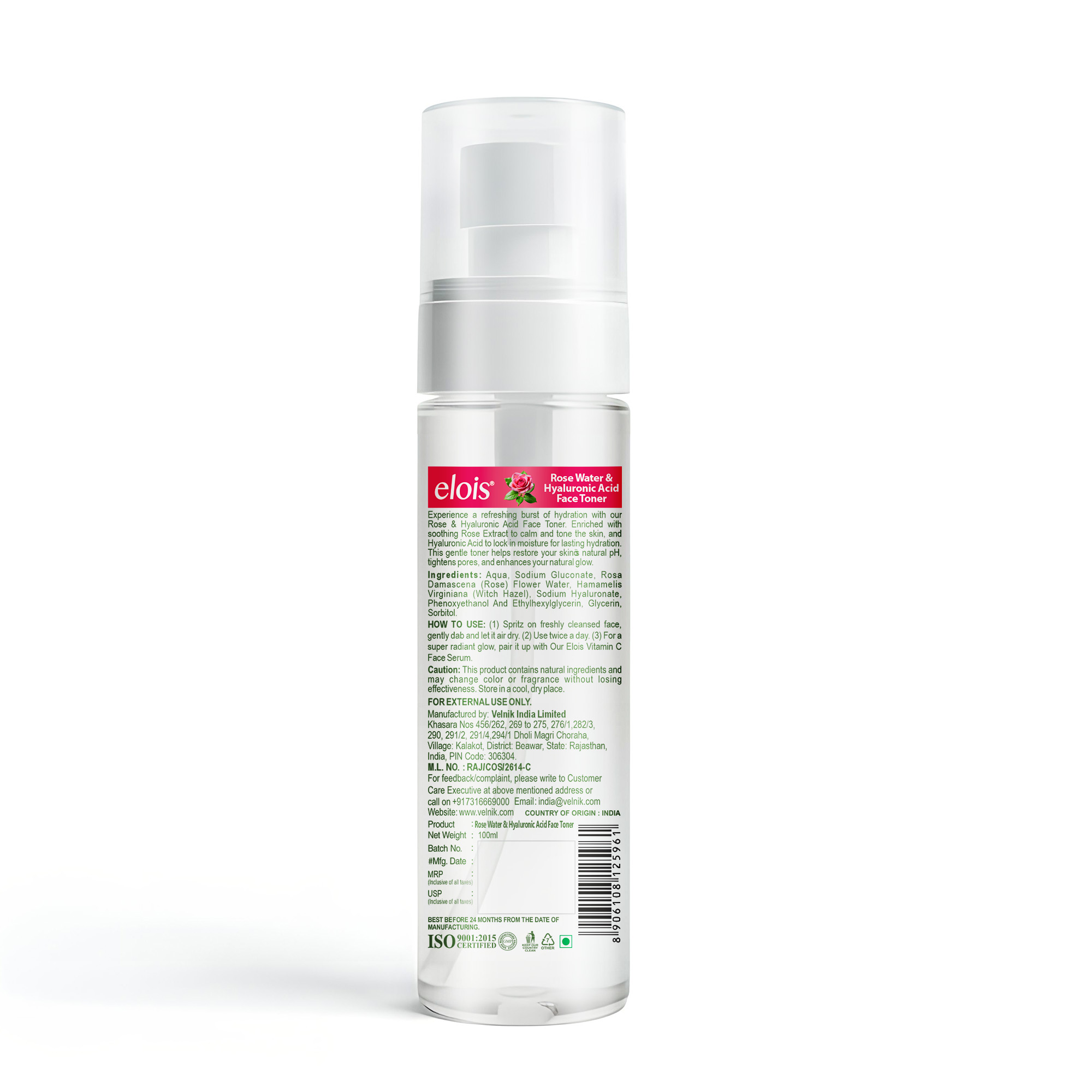 Elois Rose Water & Hyaluronic Acid Face Toner | Deep Hydration & Skin Refreshing Toner | Alcohol Free & Gentle on Skin | Paraben & Sulphate Free | For All Skin Types | 100 ml - Image 2