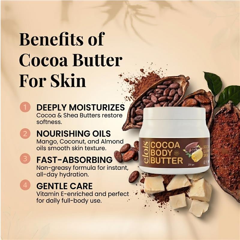 Elois Cocoa Body Butter For Dry & Oily Skin For Women and Men - Non-Greasy Long Lasting Soft & Glowing Skin Moisturizer Body Lotion - For All Skin Types (250 Gram) - Image 5